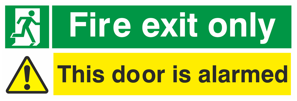 Fire Exit Only This Door Is Alarmed Running Man Left safety sign