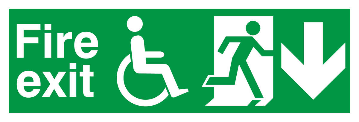 Fire Exit Wheelchair Running Man Right Arrow Down safety sign