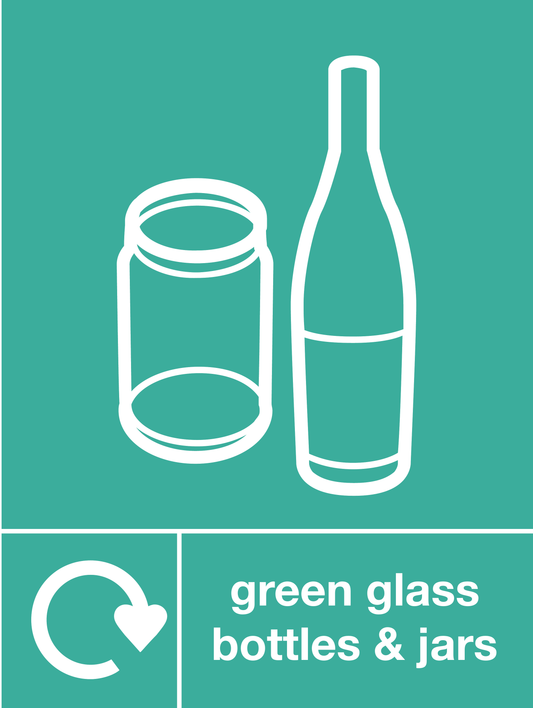 Green glass bottles & jars skip & recycle sign