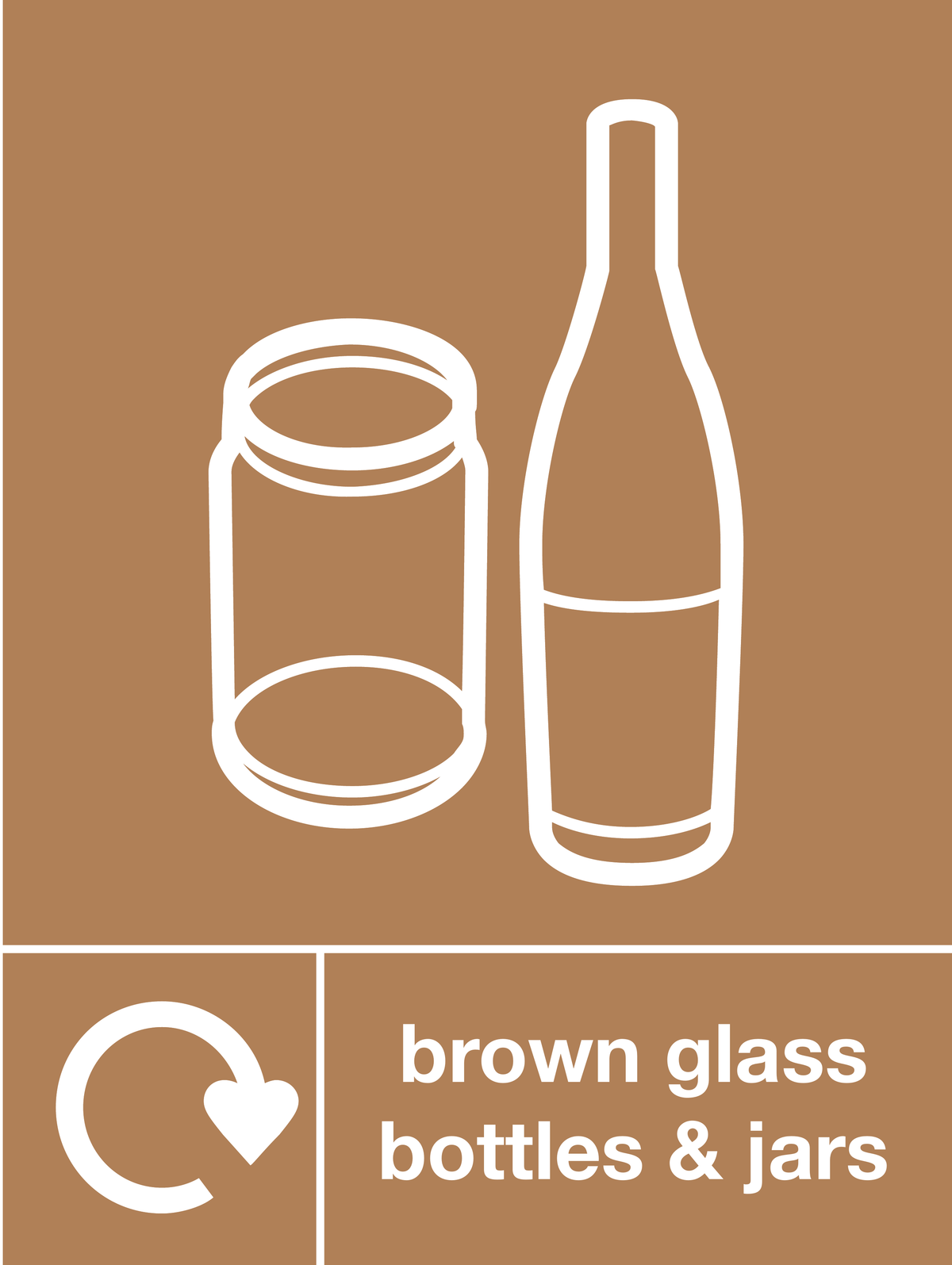 Brown glass bottles & jars skip & recycle sign
