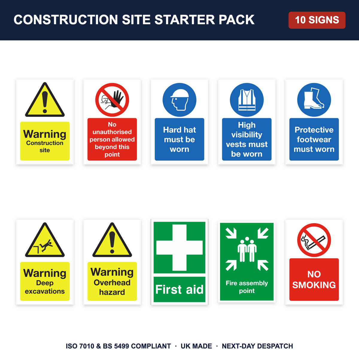 Construction site starter sign pack - 10 safety signs included