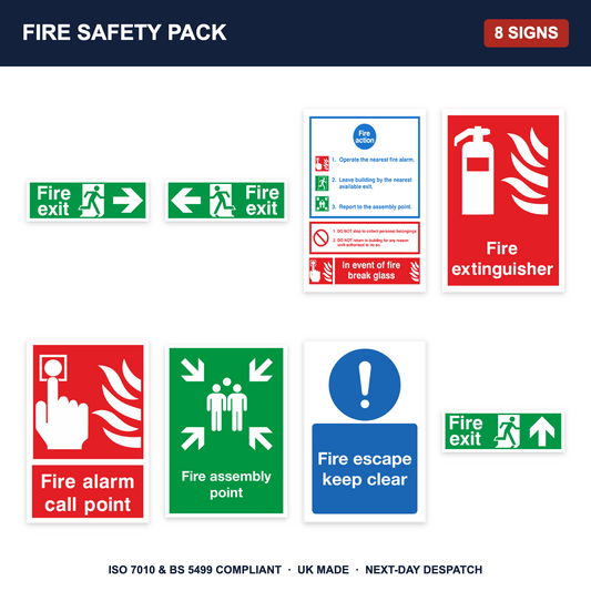Fire safety sign pack - 8 fire signs included