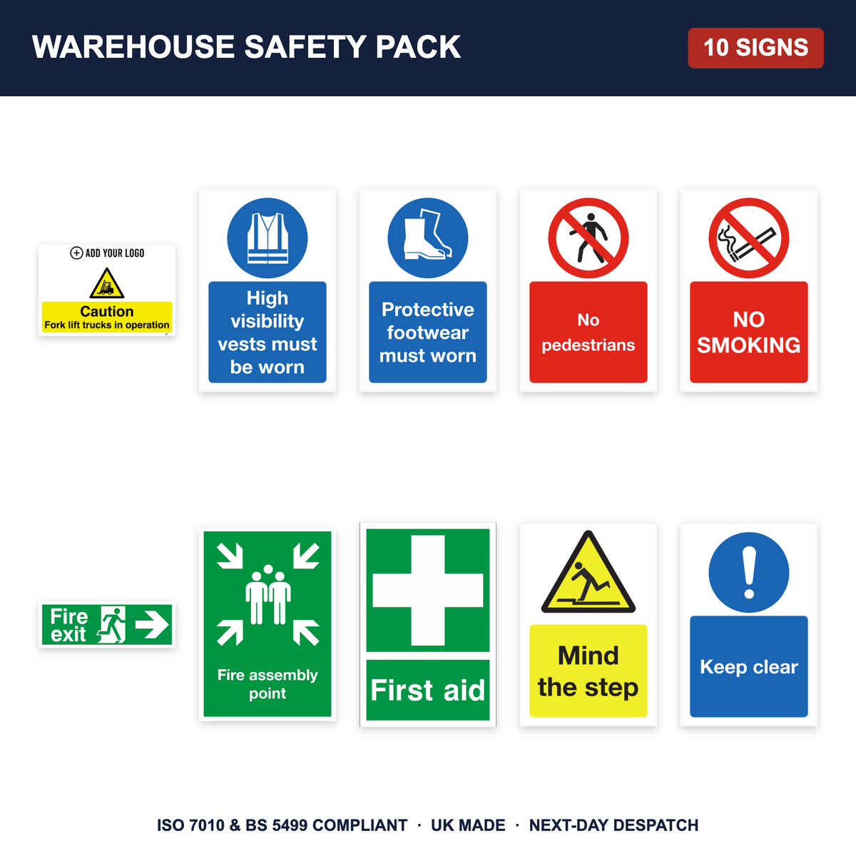 Warehouse safety sign pack - 10 safety signs included