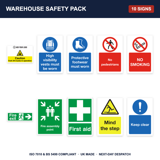 Warehouse safety sign pack - 10 safety signs included