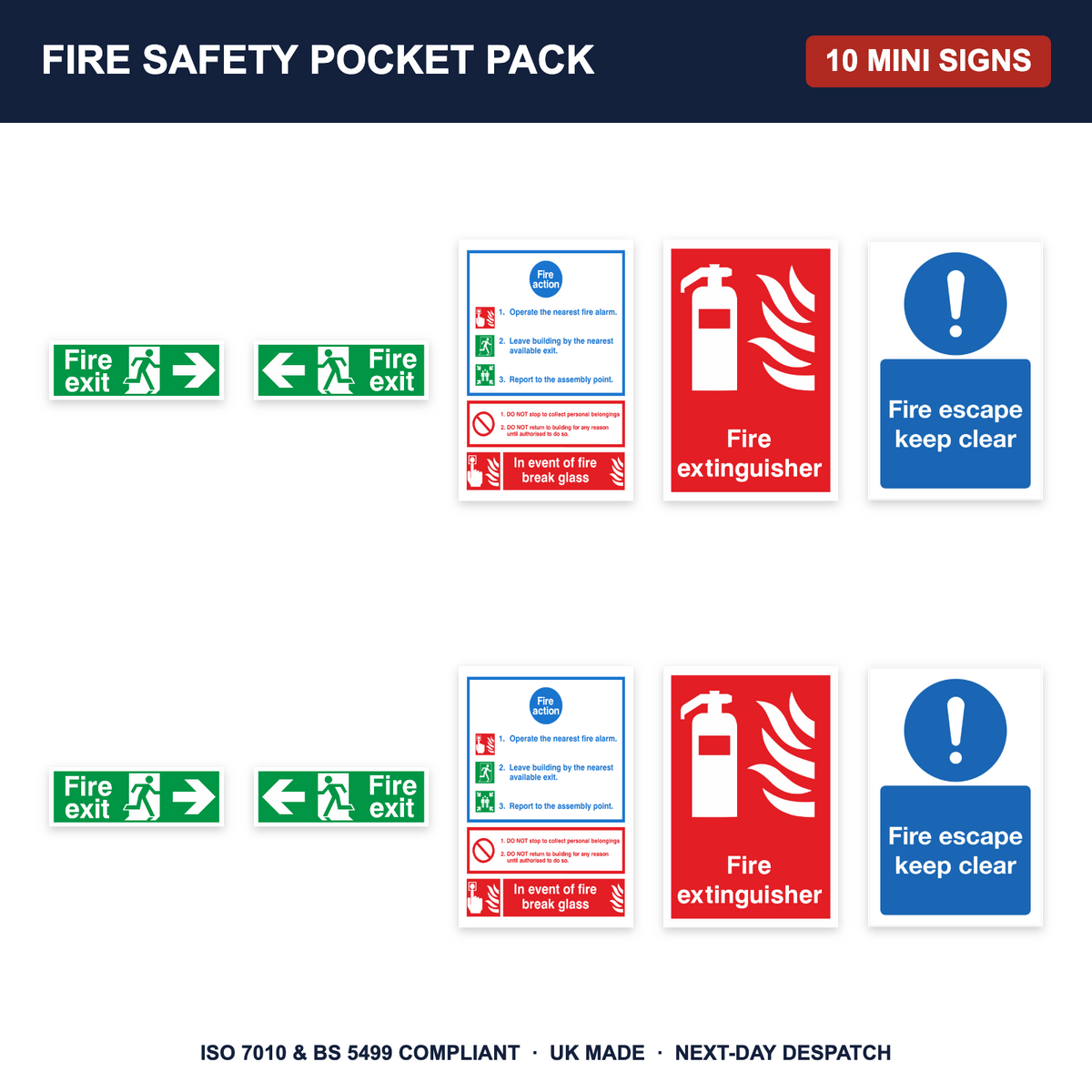 Fire safety pocket sign pack - 10 mini self-adhesive signs