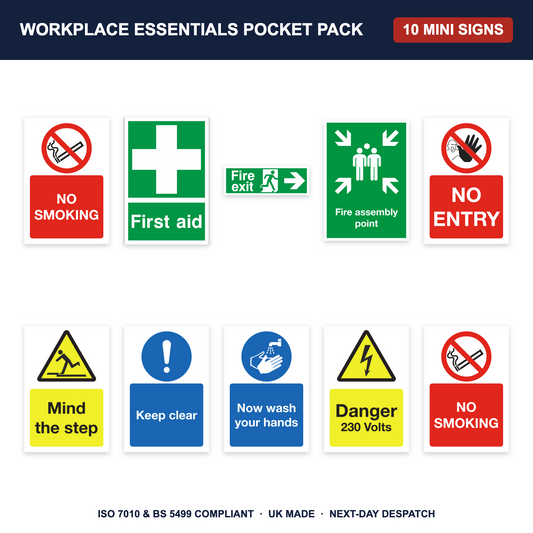 Workplace essentials pocket sign pack - 10 mini self-adhesive signs